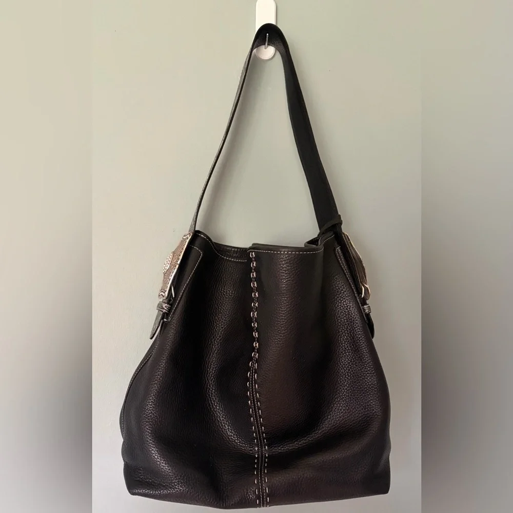 Brighton Black Concho Leather Women’s Shoulder Bag with Decorative Silver Strap